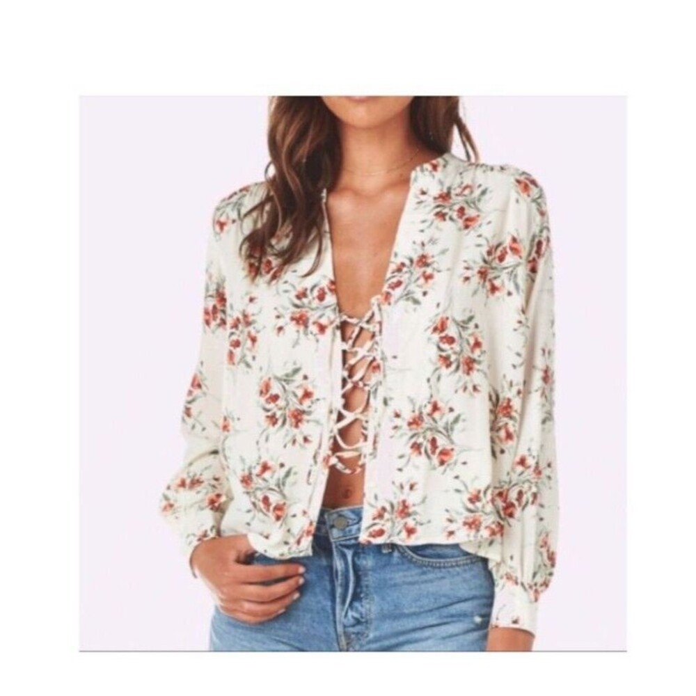 Flynn Skye Lace Up Blouse XS V-Neck Floral Y2K Top Long Sleeves